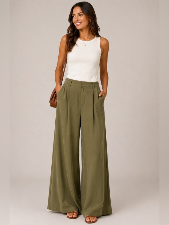 Tron Jori Pants - Tronjori Women's Small Green Wide Flare Leg Dress Pants High Waist Palazzo Pants